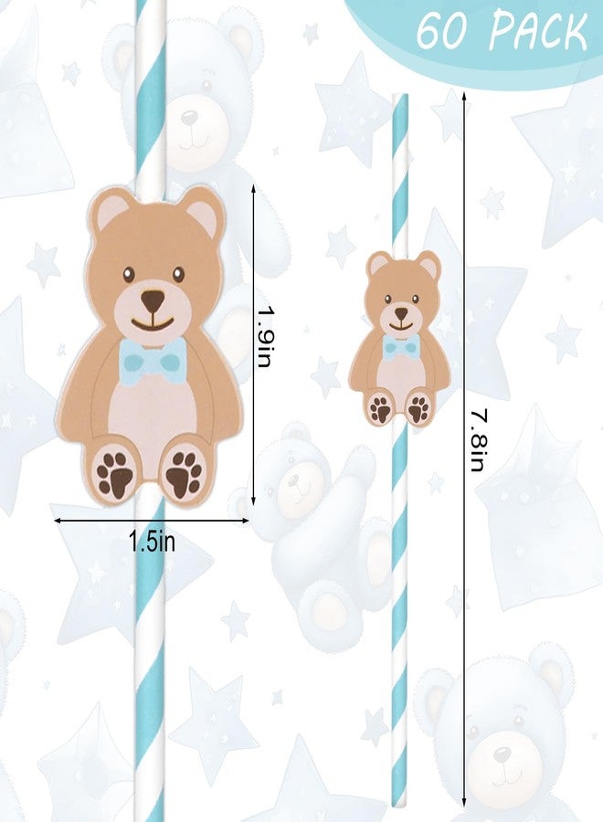 Whaline شعيرات ورقية على شكل دب من وايلين 60 قطعة، شعيرات شرب لحفلة استحمام الأطفال، شعيرات قابلة للتخلص منها بتصميم دب أزرق مخطط، 7.8 × 0.2 بوصة، أزرق، بني - Image 2