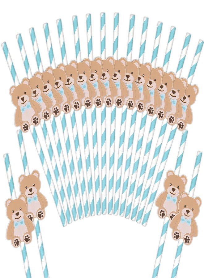 Whaline شعيرات ورقية على شكل دب من وايلين 60 قطعة، شعيرات شرب لحفلة استحمام الأطفال، شعيرات قابلة للتخلص منها بتصميم دب أزرق مخطط، 7.8 × 0.2 بوصة، أزرق، بني - Image 1