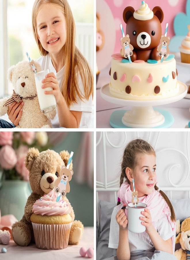 Whaline شعيرات ورقية على شكل دب من وايلين 60 قطعة، شعيرات شرب لحفلة استحمام الأطفال، شعيرات قابلة للتخلص منها بتصميم دب أزرق مخطط، 7.8 × 0.2 بوصة، أزرق، بني - Image 4