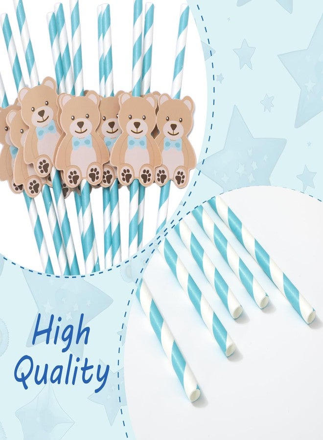 Whaline شعيرات ورقية على شكل دب من وايلين 60 قطعة، شعيرات شرب لحفلة استحمام الأطفال، شعيرات قابلة للتخلص منها بتصميم دب أزرق مخطط، 7.8 × 0.2 بوصة، أزرق، بني - Image 3