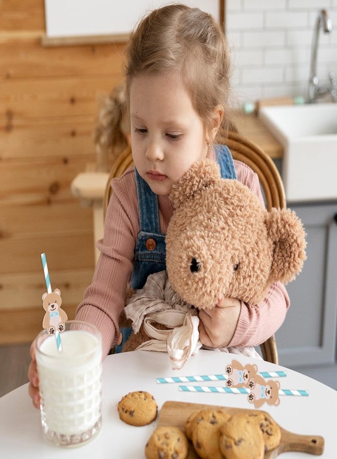 Whaline شعيرات ورقية على شكل دب من وايلين 60 قطعة، شعيرات شرب لحفلة استحمام الأطفال، شعيرات قابلة للتخلص منها بتصميم دب أزرق مخطط، 7.8 × 0.2 بوصة، أزرق، بني - Image 5