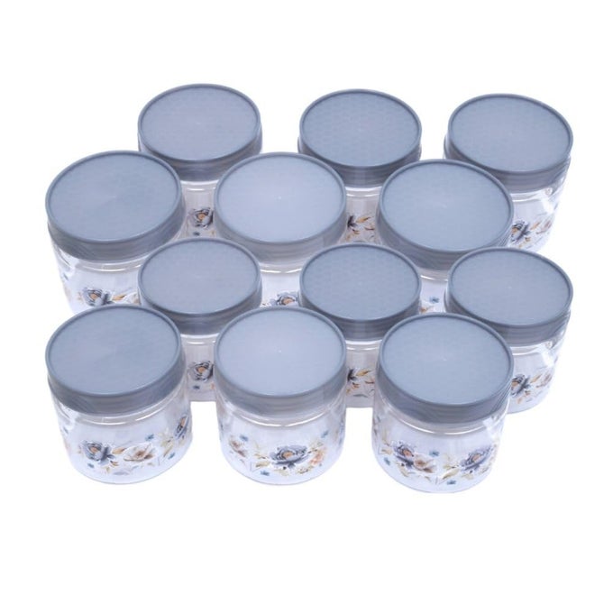 AIRTIGHT CONTAINER SET PLASTIC CONTAINER FOR KITCHEN STORAGE SET SMALL SPICE AND GROCERY STORAGE JAR BOX WITH SPOON MASALA BOX STORAGE ORGANIZER FOR PANTRY GREY 250 ML 12 PIECE