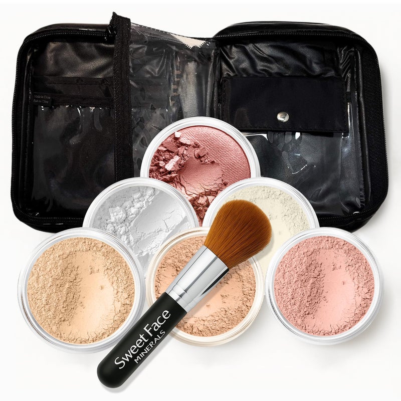 XXL KIT wBrush CASE Warm Neutral ShadeMost Popular Full Size Mineral Makeup Set Bare Skin Powder Foundation Cover