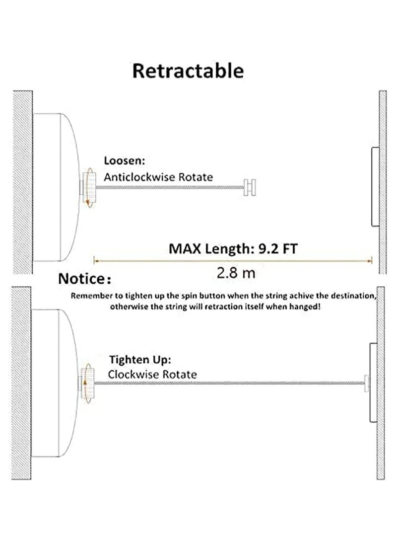 Retractable Clothesline Heavy Duty Clothes Drying Laundry Line Indoor Outdoor Wall Mounted Clothes Dryer Rope Clothing Retracting Adjustable Stainless Steel Line 2.8m (Stainless)  - Image 3