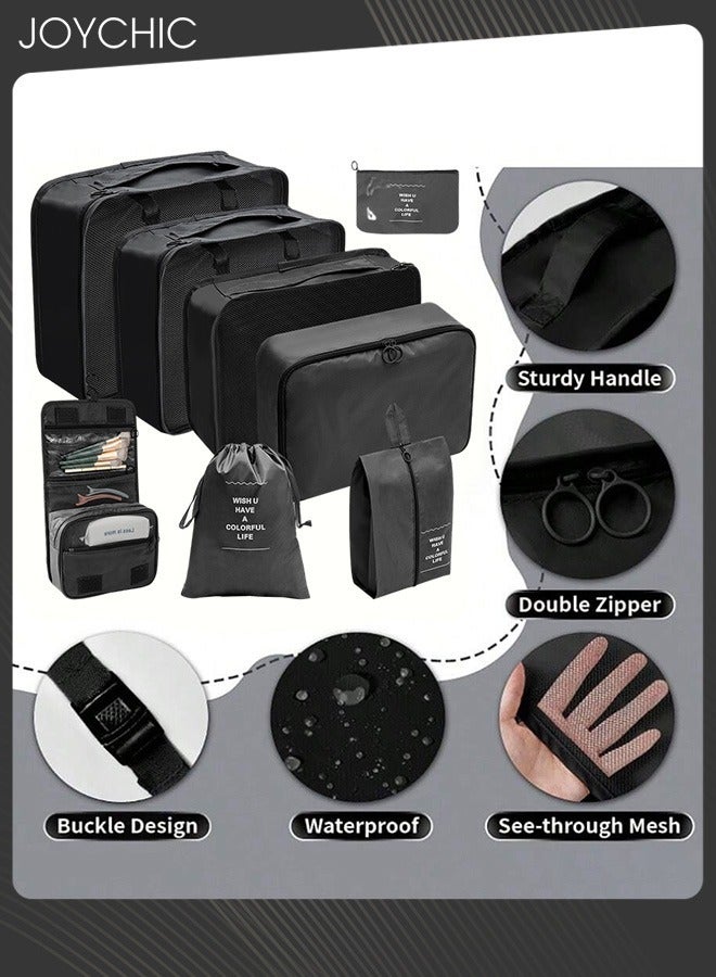 Joychic 8 قطع من مكعبات تعبئة السفر لحقائب السفر، حقيبة أساسية خفيفة الوزن للرحلات مع حقيبة أدوات الزينة للملابس والأحذية ومستحضرات التجميل وأدوات الزينة باللون الأسود - Image 1