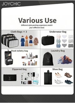 Joychic 8 Piece Travel Packing Cubes for Suitcases Lightweight Trip Essential Bag with Toiletries Bag for Clothes Shoes Cosmetics Toiletries Black  - Image 3