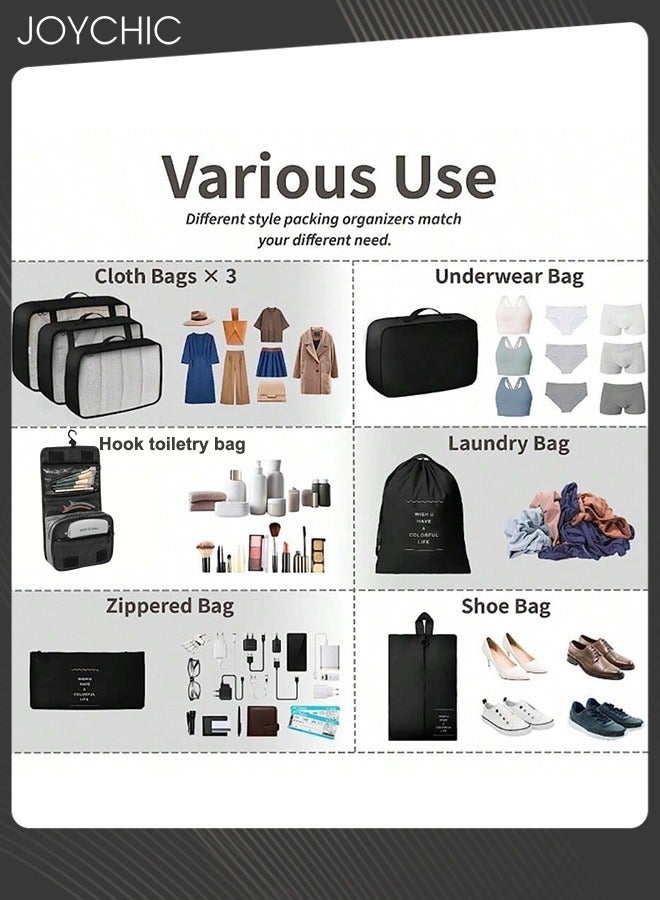 Joychic 8 قطع من مكعبات تعبئة السفر لحقائب السفر، حقيبة أساسية خفيفة الوزن للرحلات مع حقيبة أدوات الزينة للملابس والأحذية ومستحضرات التجميل وأدوات الزينة باللون الأسود - Image 3