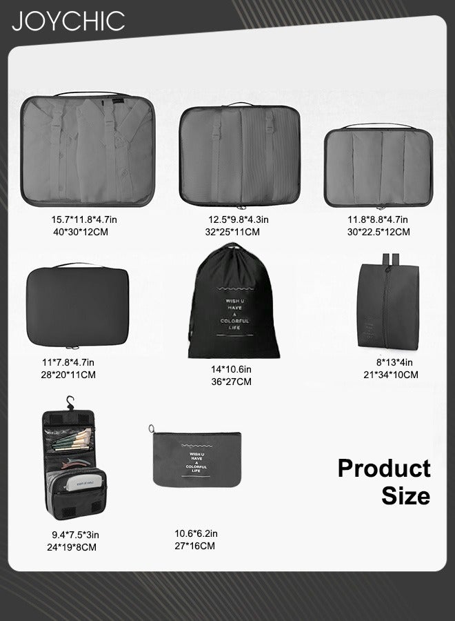 Joychic 8 قطع من مكعبات تعبئة السفر لحقائب السفر، حقيبة أساسية خفيفة الوزن للرحلات مع حقيبة أدوات الزينة للملابس والأحذية ومستحضرات التجميل وأدوات الزينة باللون الأسود - Image 4