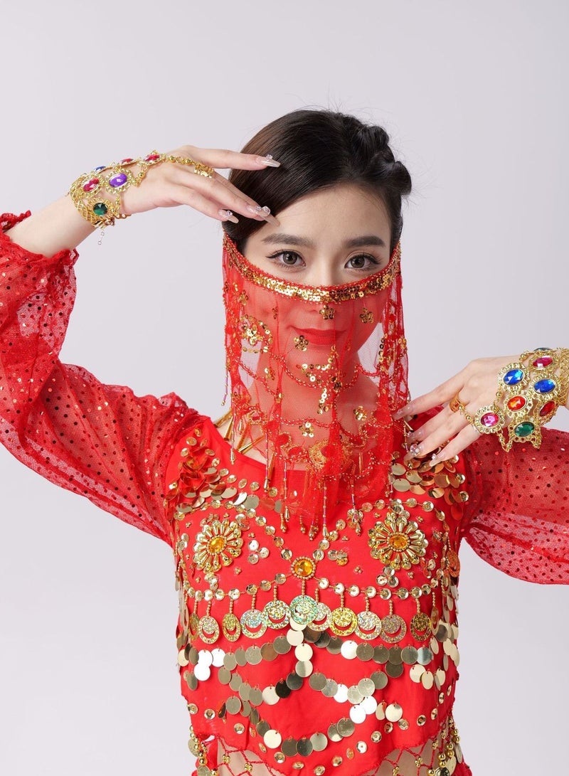 إسكدنيا Womens Belly Dance Sequin Face Veil Red 