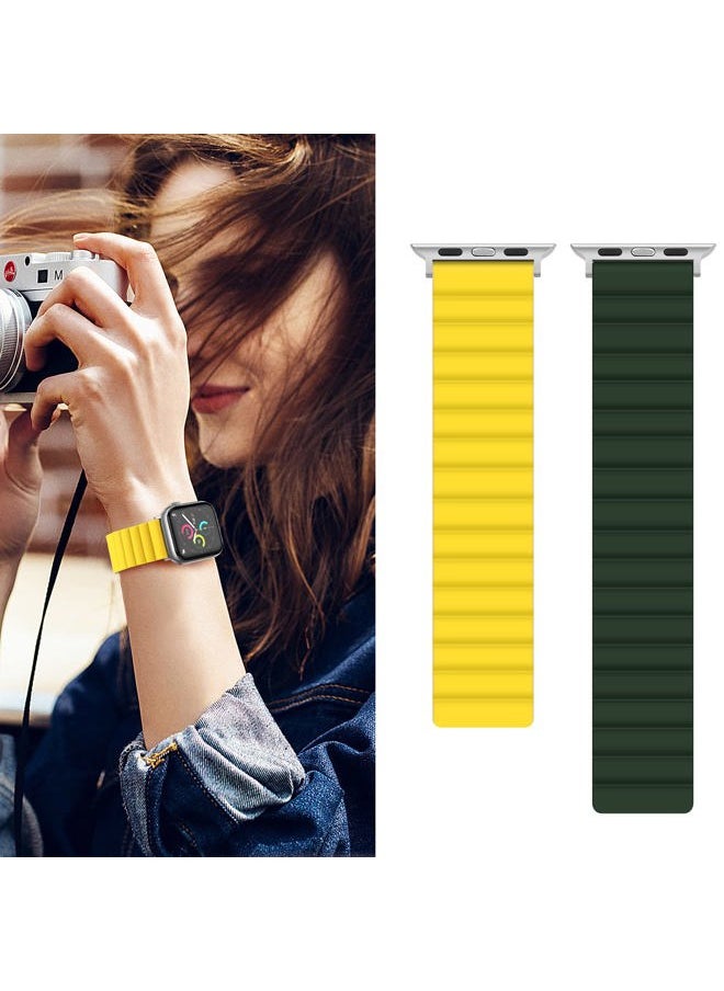 Anlinser - Magnetic Bands Compatible with Apple Watch Band 49/46/45 44/42/41/40/38mm, Women Men Double Side Reversible Strap for iWatch Ultra 2 Series 10/9/8/7-1 SE (42/41/40/38, Green/Yellow) - Image 1