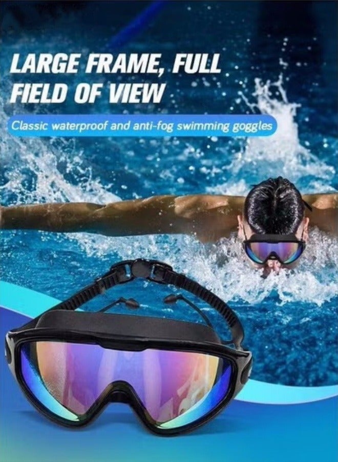 Generic Adult Large Frame Swimming Goggles, No Leak Swim Goggles with Integrated Earplugs, Wide Field of View High Definition Anti-fog UV Protection Pool for Men Women Black - Image 1