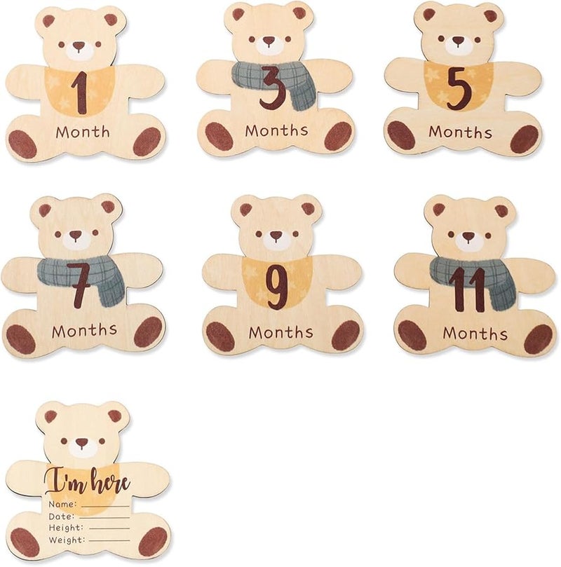 Wooden Bear Landmark Board Double Sided Baby Monthly Photo Props 7Pcs Set - Image 1