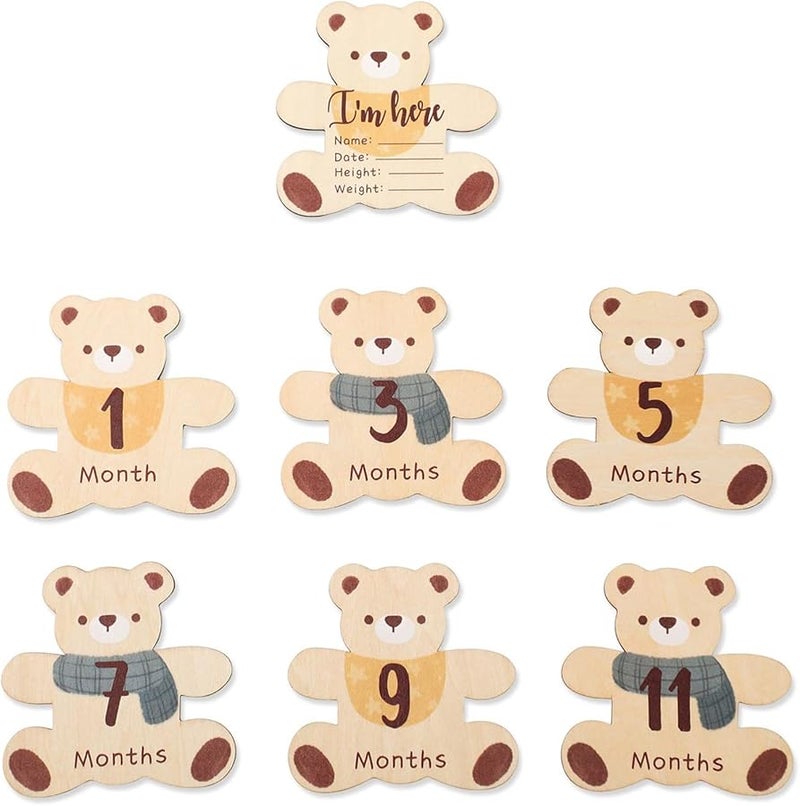 Wooden Bear Landmark Board Double Sided Baby Monthly Photo Props 7Pcs Set - Image 5