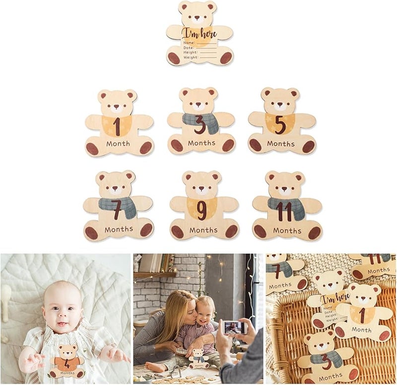 Wooden Bear Landmark Board Double Sided Baby Monthly Photo Props 7Pcs Set - Image 3