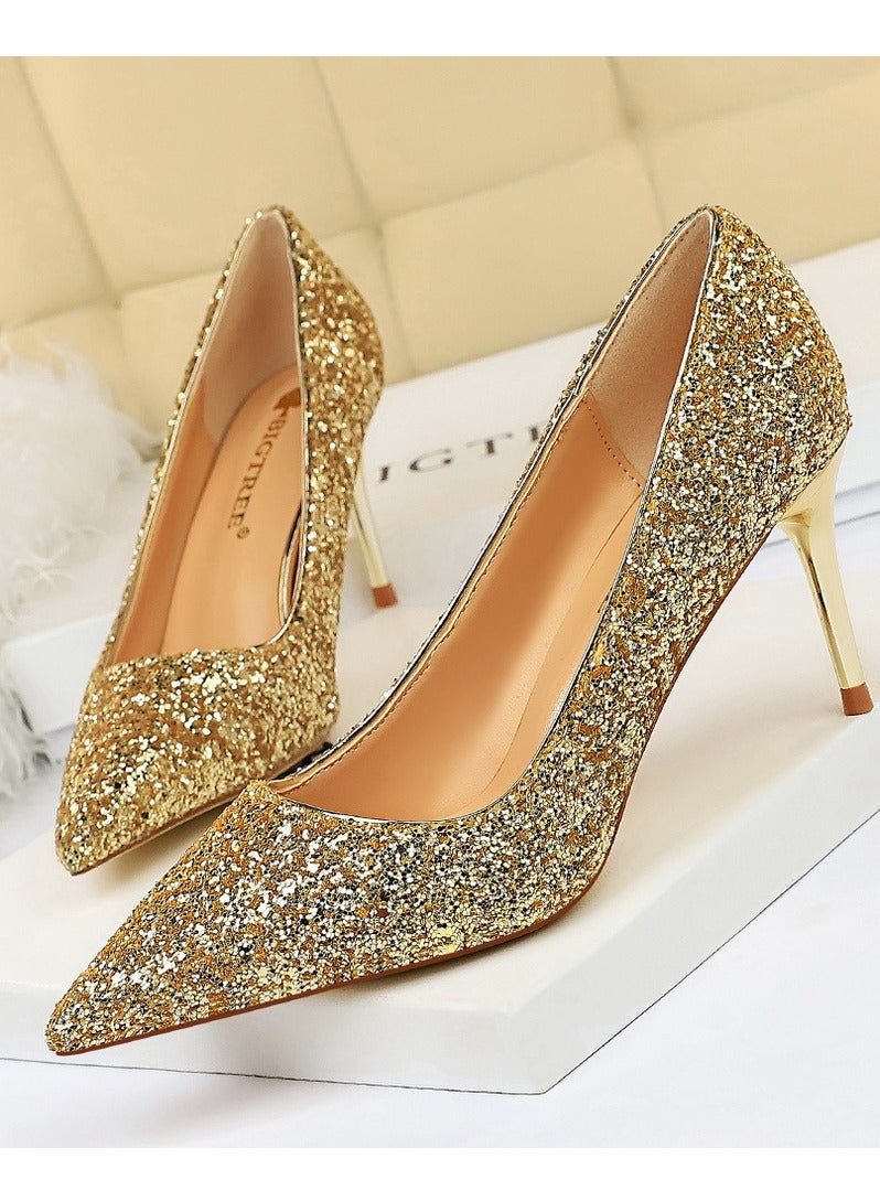 بيج تري Women's Shiny Sequins Fashionable Stiletto Pumps 7 cm Elegant Gorgeous Closed Pointed Toe Slip On Solid High Heels Gold - Image 1