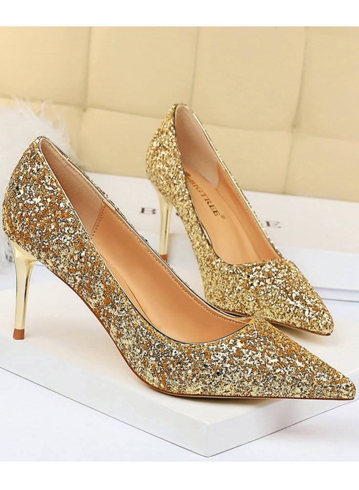 بيج تري Women's Shiny Sequins Fashionable Stiletto Pumps 7 cm Elegant Gorgeous Closed Pointed Toe Slip On Solid High Heels Gold - Image 2