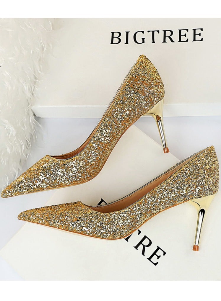 بيج تري Women's Shiny Sequins Fashionable Stiletto Pumps 7 cm Elegant Gorgeous Closed Pointed Toe Slip On Solid High Heels Gold - Image 3
