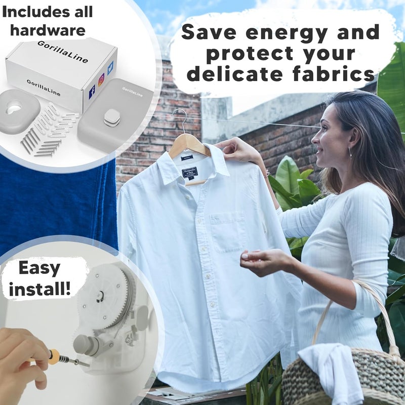 GorillaLine Retractable Clothesline, Indoor and Outdoor, Heavy Duty Wall Mounted Laundry Line, Space Saving Drying Rack for Towels, Sheets and Clothing, Stainless Steel, for Bathroom, Balcony or RV - Image 4