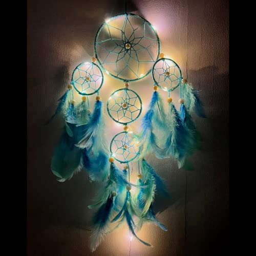 Rooh Dream Catcher ~ Pastel Green & Blue 4 Tier with LED Lights ~ Handmade Hangings for Positivity (Can be Used as Home Décor Accents, Wall Hangings,Meditation Room, Yoga Temple, Feather Windchime) - Image 2