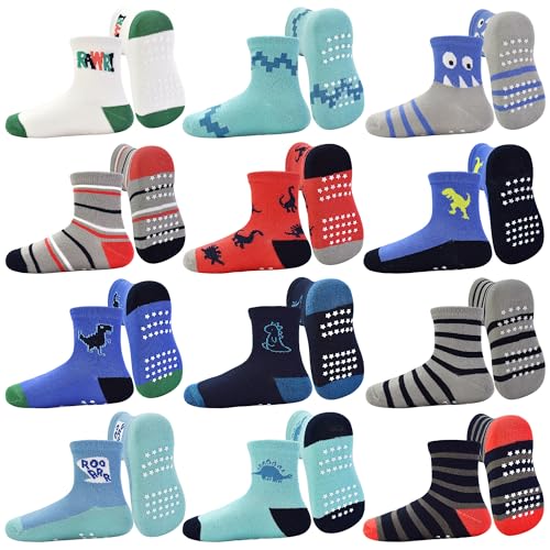 Tphon Toddler Baby Non Slip Socks Infant Anti Skid Socks with Grips 12 Pairs Crew Sock for 3-5 Years Kids Boys Girls - Image 1
