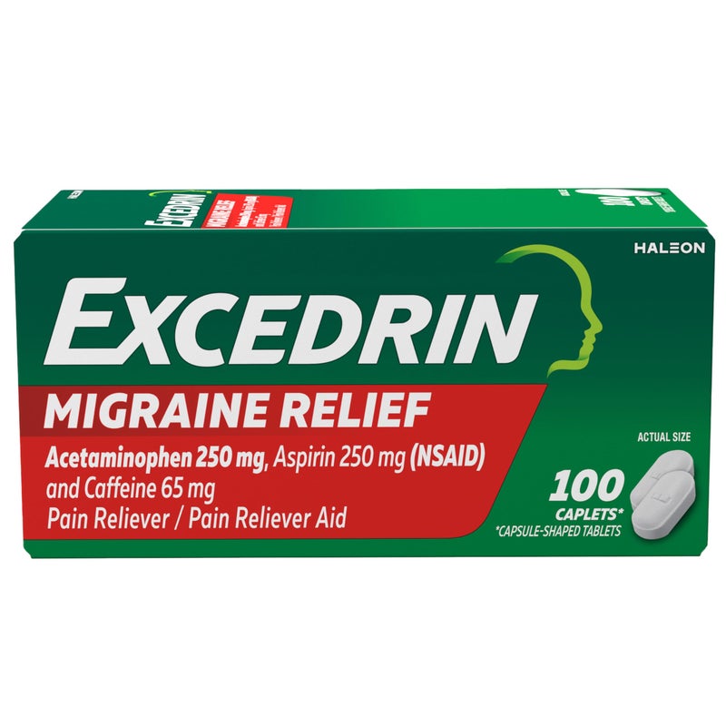 GlaxoSmithKline Excedrin Migraine Relief Caplets for Migraine Symptoms, Acetaminophen 250mg Caffeine 65mg, Pain Reliever, 100 Count - Image 1