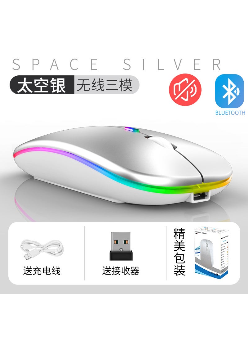Generic - Ergonomic Bluetooth Wireless Mouse with Silent Click and LEDMute 2.4g + Bluetooth three-mode luminous version Silver Mute 2.4g + Bluetooth three-mode luminous version Silver - Image 1