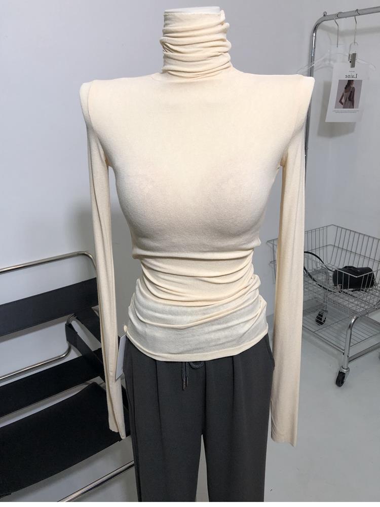 Match hao unique child ~ thin soft high collar micro-transparent long sleeve T-shirt pile collar base shirt jacket Apricot 