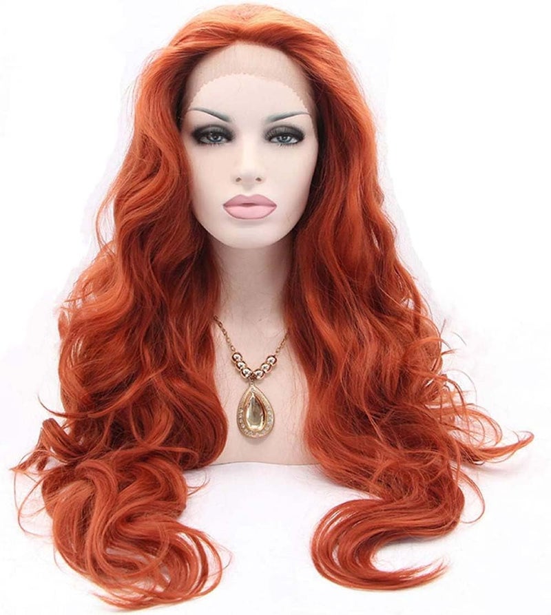 Melody Copper Red Wigs Body Wave Wigs360 Color Synthetic Ginger Lace Front Wigs for Women 180 Density Half Hand Tied Heat Resistant Fiber Hair Dating Cosplay Gift 24 inch