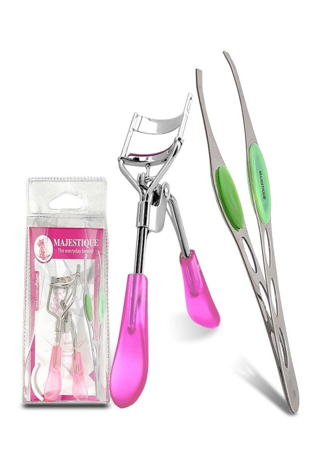 Majestique Eyelash Curler with Slant Tip Tweezer | Premium Eyelash Curler for Voluminous Lashes | Tweezer for Eyebrow, Ingrow Hair | Suitable for All Eye Shapes (Buy 1 Get 1 Free)- 2Pcs/Multicolor - Image 1