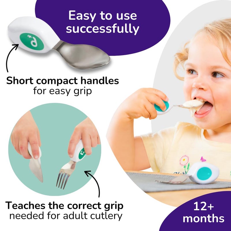 doddl Toddler Utensils, Ergonomic Fork Spoon and Knife Set for Self Feeding, Stainless Steel Silverware for 1-3 Year Olds, BPA Free, Dishwasher Safe (Aqua) - Image 3