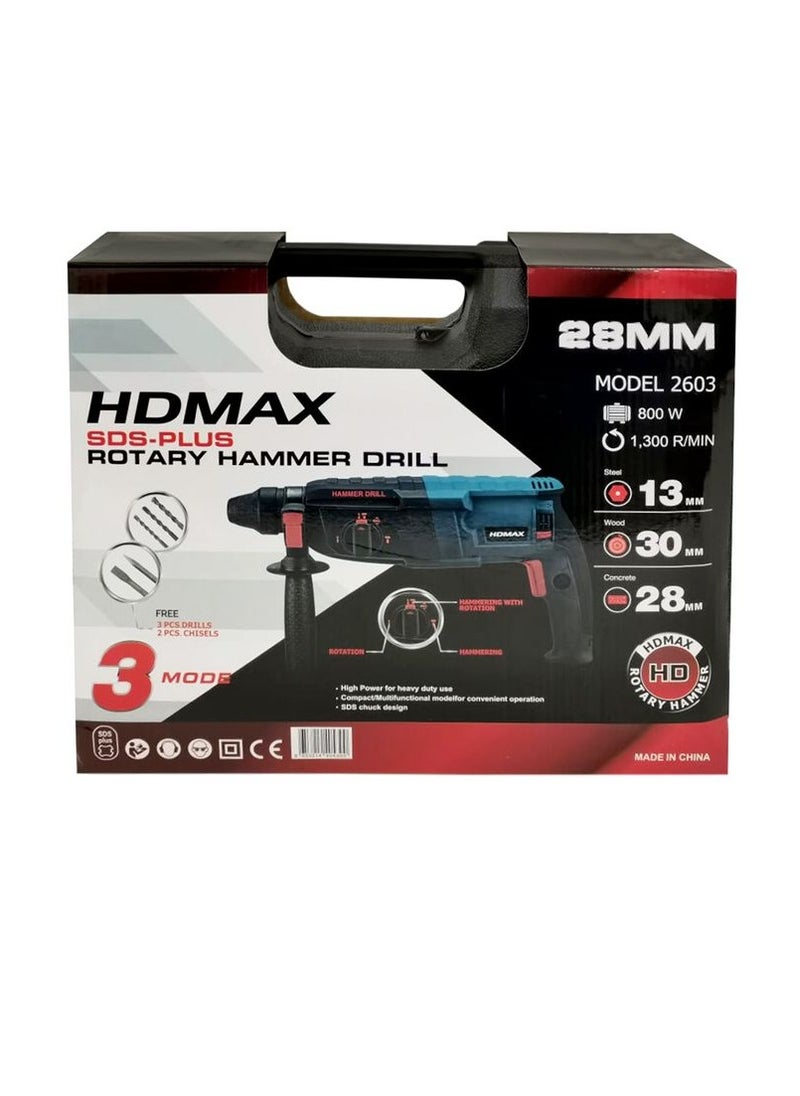 Hdmax 800W Rotary Hammer Drill With Chisels 28mm 800 W  1300 RPM
