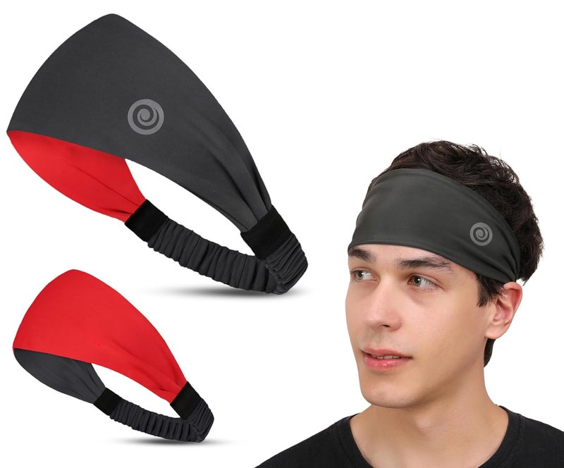 Athmonk Lycra Multipurpose Reversible Headband For Men Women, Colorful Stylish Sweatband Quick Dry Manage Long Hair Wide Snug Fit Elastic For Sports, Running, Gym, Cricket, Badminton, Red - Image 1