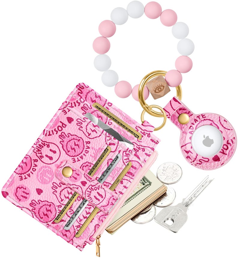 Miss Adola Wallet Keychain Wristlet for Women with AirTag Holder - Cute Design Credit Card Holder Wallets Key Chain Ring Slim Small RFID Air Tag Coin Pocket Purse for Ladies Teen Girls Female,Face - Image 1