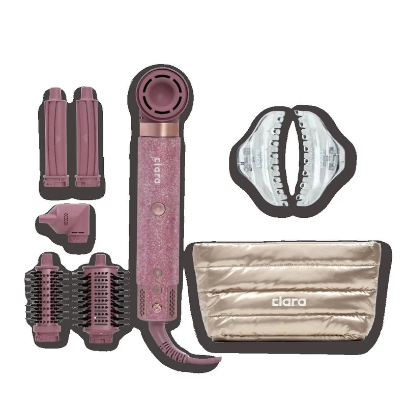 CLARA The Sparkle & Style Diamond Pink Bundle – Diamond Candy Pink 6-in-1 Multi Styler for Curling, Drying & Salon Blowouts with Strong Hold Hair Clips Set & Metallic Gold Padded Toiletry Bag