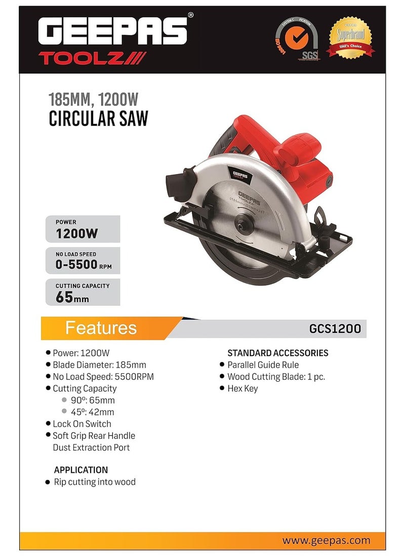 GEEPAS Geepas 1200W Circular Saw 185mm - Multi-Purpose Blade 65mm Cutting Depth,Depth & Angle Adjustment | Ideal for Wood, Mild Steel, Plastic & More  - Image 5