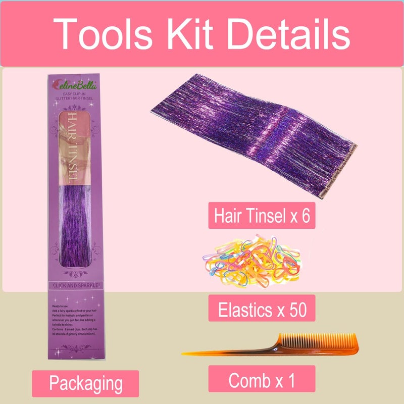 CelineBella Purple Tinsel Hair Extensions Kit,Clip In,24 Inch 80 Strands per Piece,Glitter Fairy Hair Strands for Women New Year Party Halloween Festival Gift - Image 2