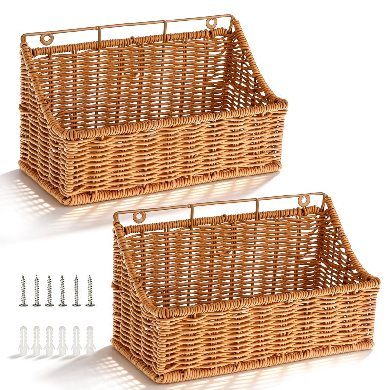 OwnMy 2PCS Plastic Wicker Hanging Basket Wall Mount Storage Baskets for Kitchen Organizing Fruit, Onion, Potato, Vegetable, Hanging Fruit Baskets for Kitchen Counter/Pantry/Cabinet - Image 1