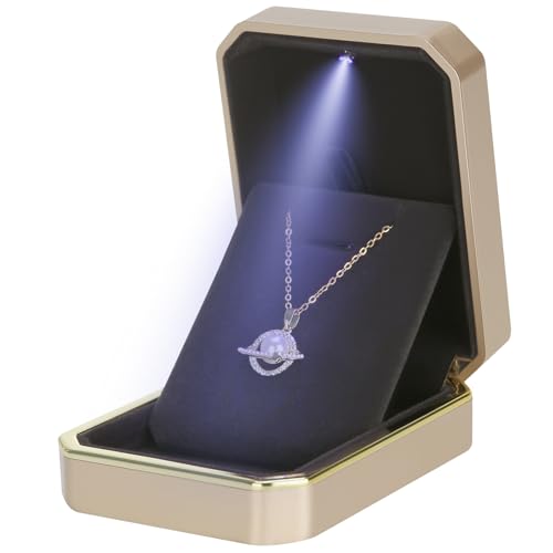 LETURE Luxury LED Pendant Necklace Gift Box with LED Light, Velvet Jewelry Storage Display Case for Proposal Engagement Wedding Anniversary Birthday Valentine's Day (Gold) - Image 4