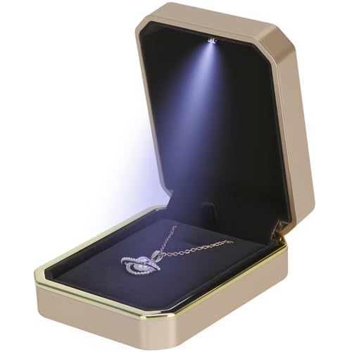LETURE Luxury LED Pendant Necklace Gift Box with LED Light, Velvet Jewelry Storage Display Case for Proposal Engagement Wedding Anniversary Birthday Valentine's Day (Gold) - Image 1