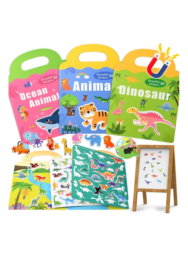 Y&D Sticker Book for Kids 3 Pack Reusable Books Toddlers Magnetic Static Toys Ocean Animals Dinosaur Stickers 1 6 Years Educational - Image 1