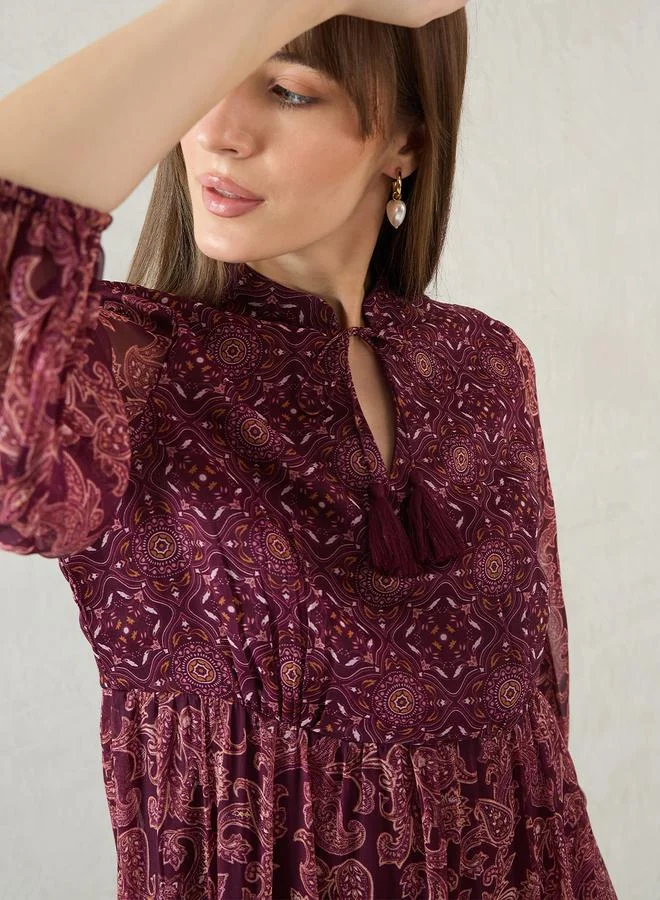 Femmella  Wine Paisley Printed Tiered Maxi Dress for Women | Best Price UAE
