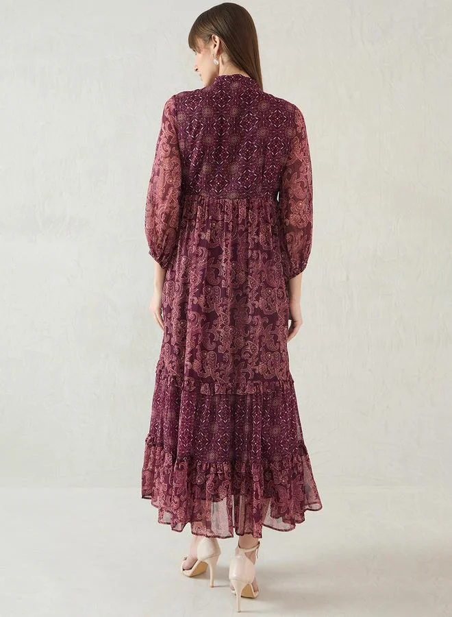Femmella  Wine Paisley Printed Tiered Maxi Dress for Women | Best Price UAE