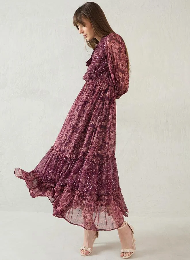 Femmella  Wine Paisley Printed Tiered Maxi Dress for Women | Best Price UAE