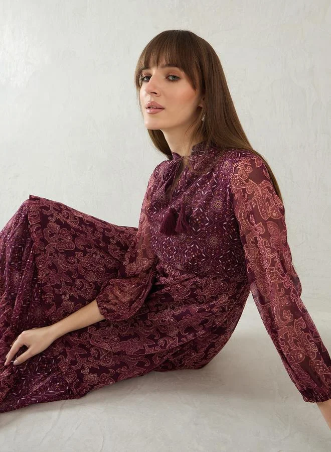 Femmella  Wine Paisley Printed Tiered Maxi Dress for Women | Best Price UAE