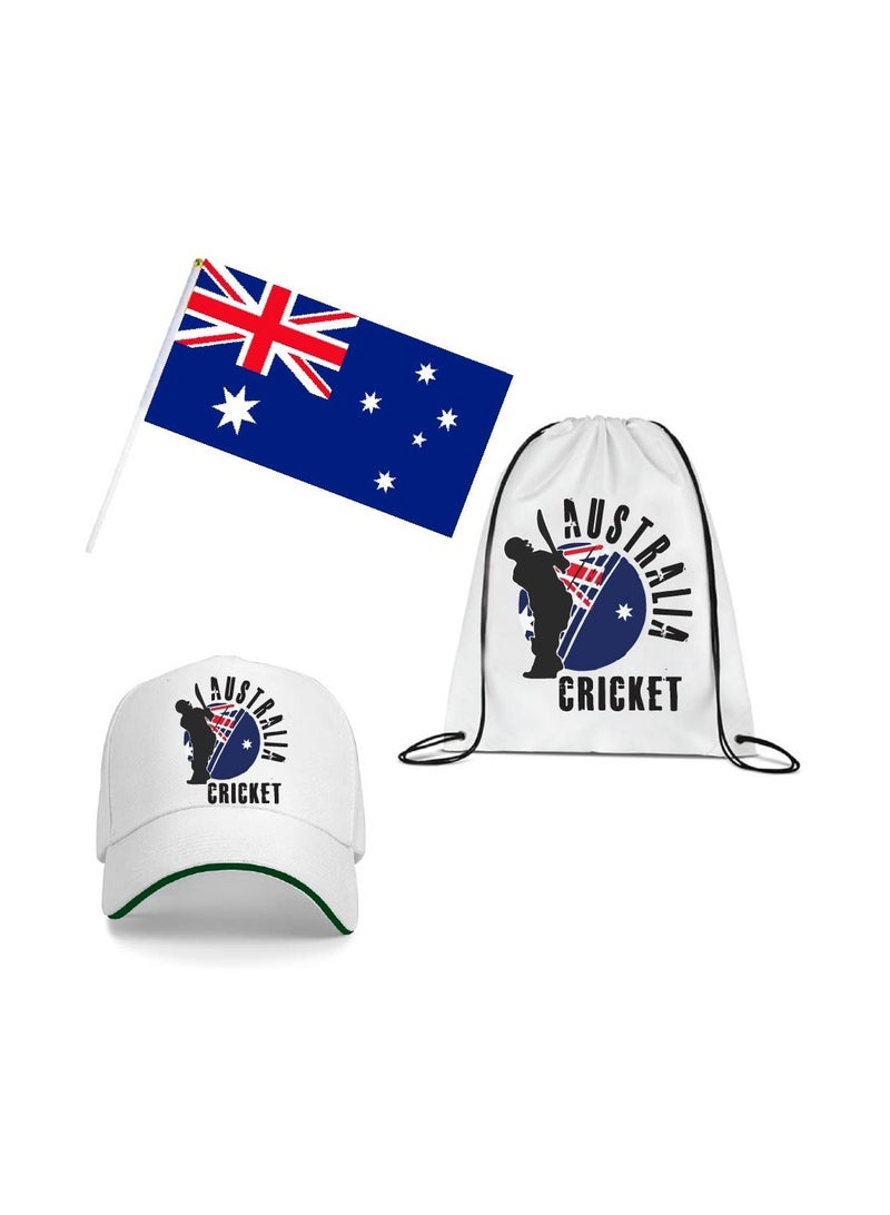 Australia Cricket Sports Fans Combo Pack - Pack of 3 - Drawstring Bag, Hand Flag and Cap - Australia Cricket Enthusiasts Combo Pack - Ideal for Cricket Matches and Events - Image 1