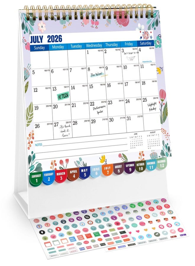 Thboxes Mini Desk Calendar 2026-2027 with Stickers, 18 Months Standing Flip Small Desk Calendar 8" x 6" Runs from July 2026 Until December 2027 Mini Desktop Calendar Home Office Organisers, Watercolor Flowers - Image 1
