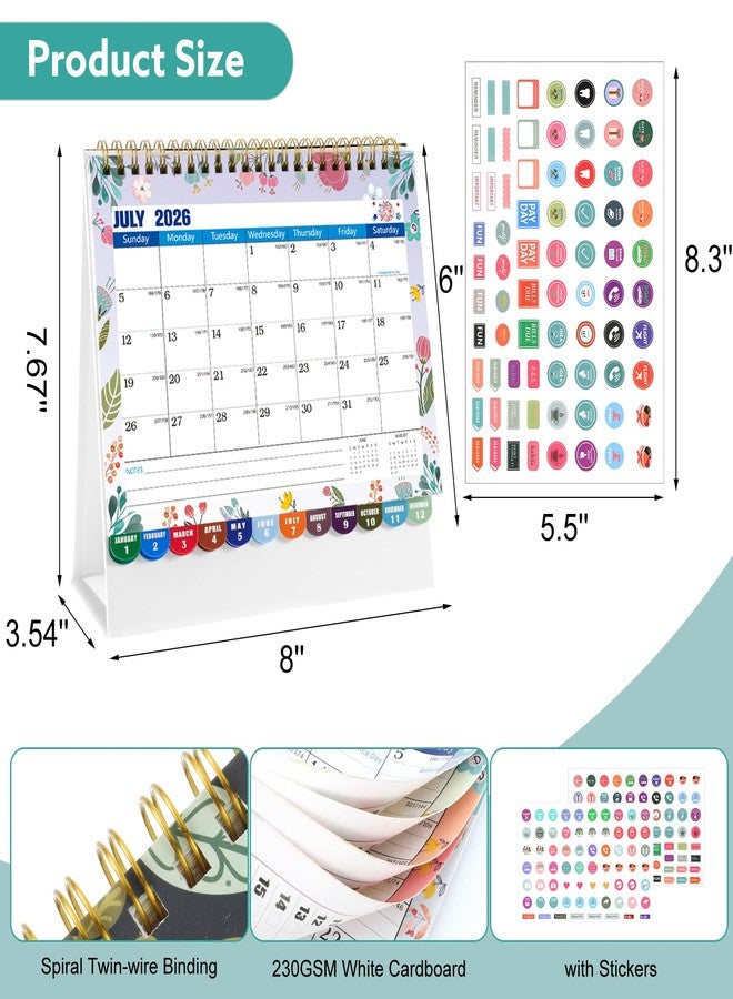 Thboxes Mini Desk Calendar 2026-2027 with Stickers, 18 Months Standing Flip Small Desk Calendar 8" x 6" Runs from July 2026 Until December 2027 Mini Desktop Calendar Home Office Organisers, Watercolor Flowers - Image 2