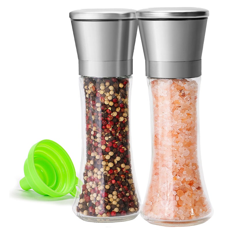 M JINGMEI Premium Stainless Steel Sea Salt and Pepper Grinder Set of 2 - Adjustable Ceramic - Tall Glass Salt and Pepper Shakers - Pepper Mill & Salt Mill W/Funnel (2.6"W x 7.5"H) - Image 1