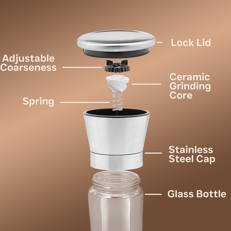 M JINGMEI Premium Stainless Steel Sea Salt and Pepper Grinder Set of 2 - Adjustable Ceramic - Tall Glass Salt and Pepper Shakers - Pepper Mill & Salt Mill W/Funnel (2.6"W x 7.5"H) - Image 2