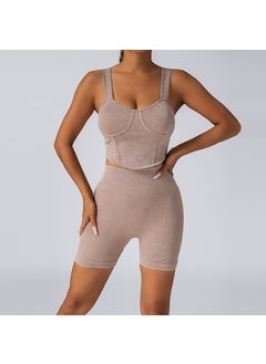 New Cross-Border Style Womens Yoga Suit With Chest Pad Shorts Breathable Seamless Sports Suit For Fitness And Comfort khaki suit